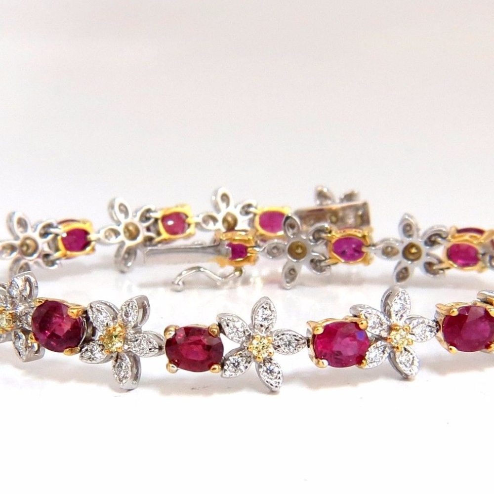 7.27ct Red natural ruby diamonds flower cluster tennis bracelet 18kt gold*